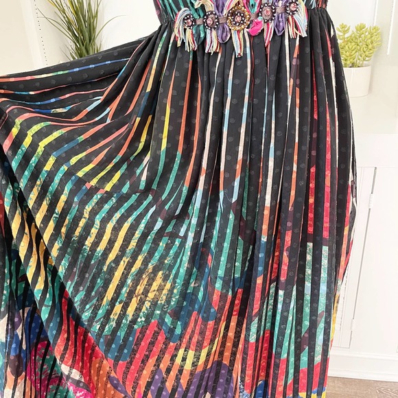 Anthropologie Geisha Designs Kalinka Pleated Floral Stripe Maxi Dress Size S/4 - Picture 6 of 7